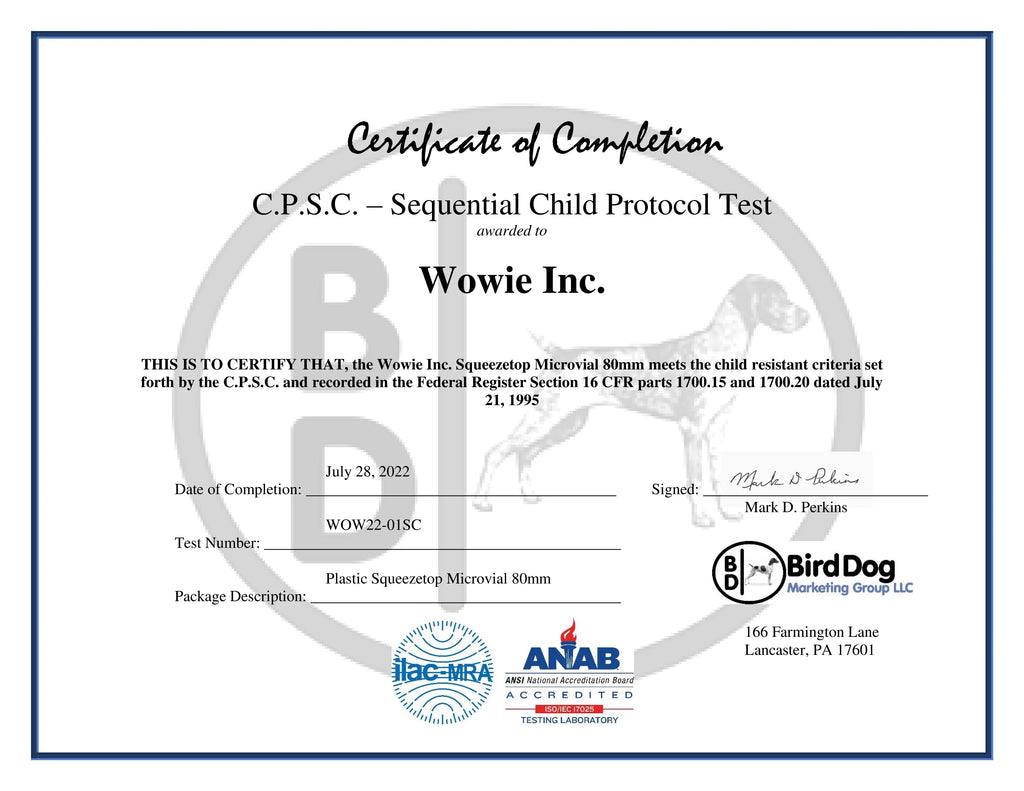 Certificate of Compliance for 80mm Pre-Roll Tube