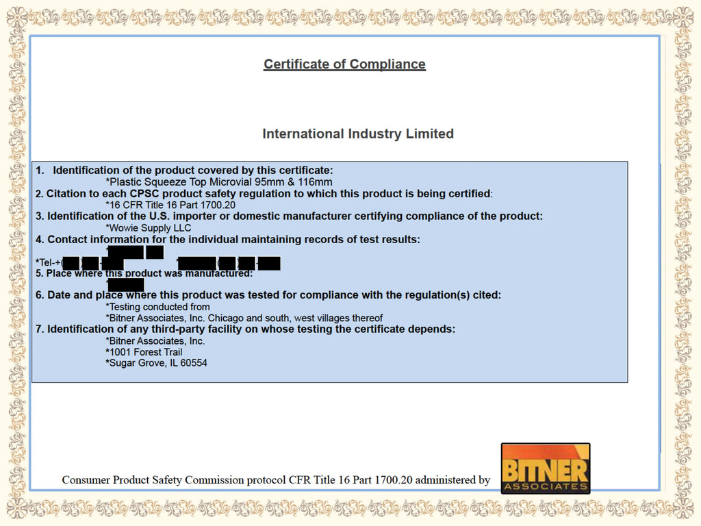 Certificate of Child Resistance Compliance for 95/116mm Pre-Roll Tube